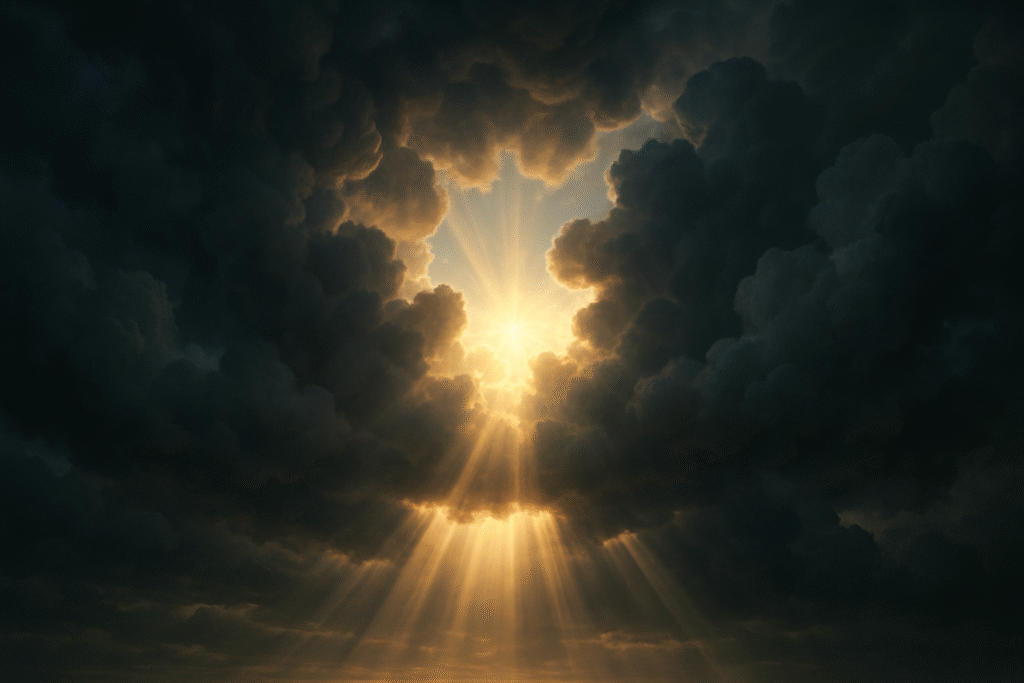 Céu com nuvens se abrindo e raios de sol, representando a presença de Deus.