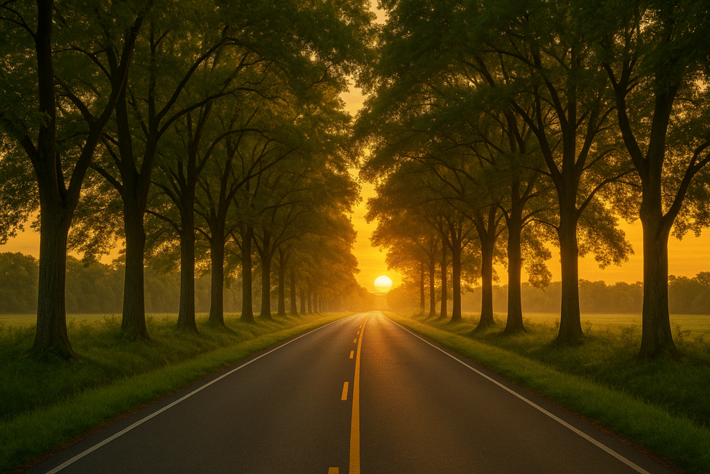 Estrada tranquila cercada por árvores, representando o plano de paz de Deus.
