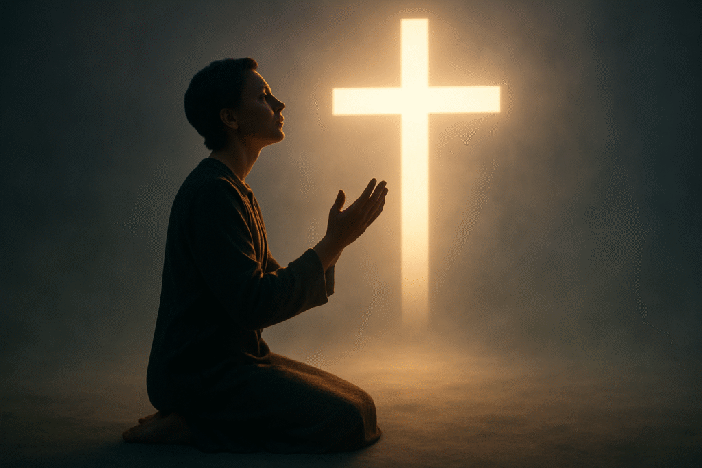 Oração de consagração: pessoa orando diante de uma cruz, entregando a vida a Deus.