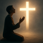 Oração de consagração: pessoa orando diante de uma cruz, entregando a vida a Deus.