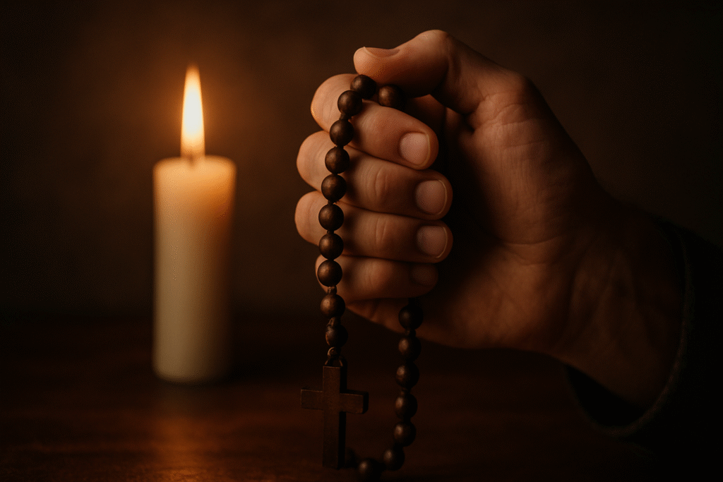Mão segurando rosário com vela acesa, simbolizando a oração católica de consagração.