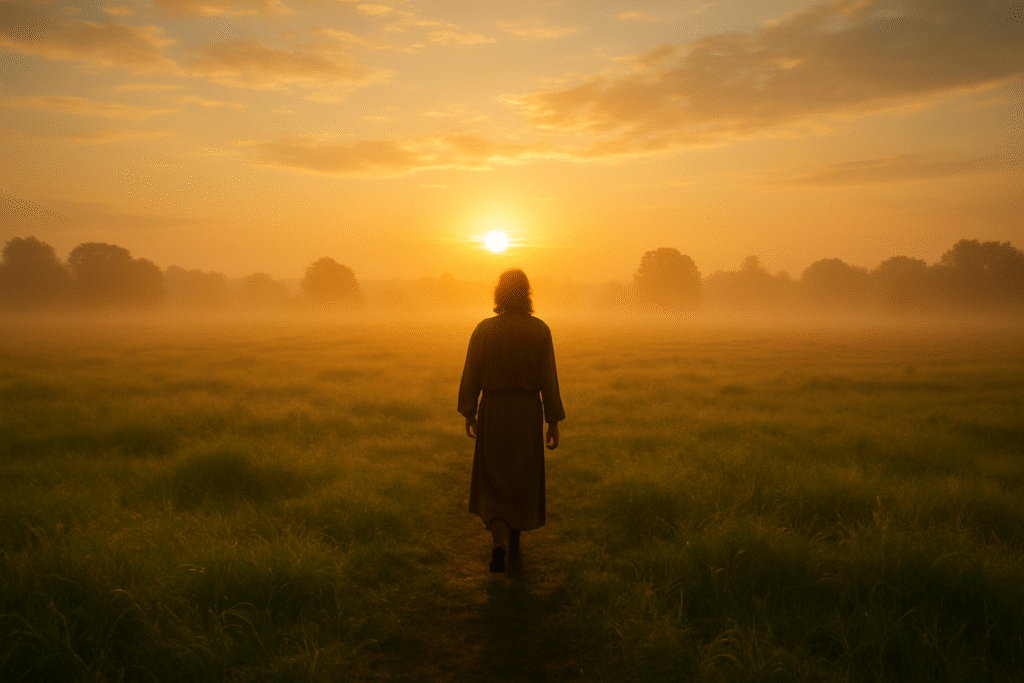 Pessoa caminhando ao amanhecer em campo aberto, simbolizando os benefícios espirituais da consagração a Deus.