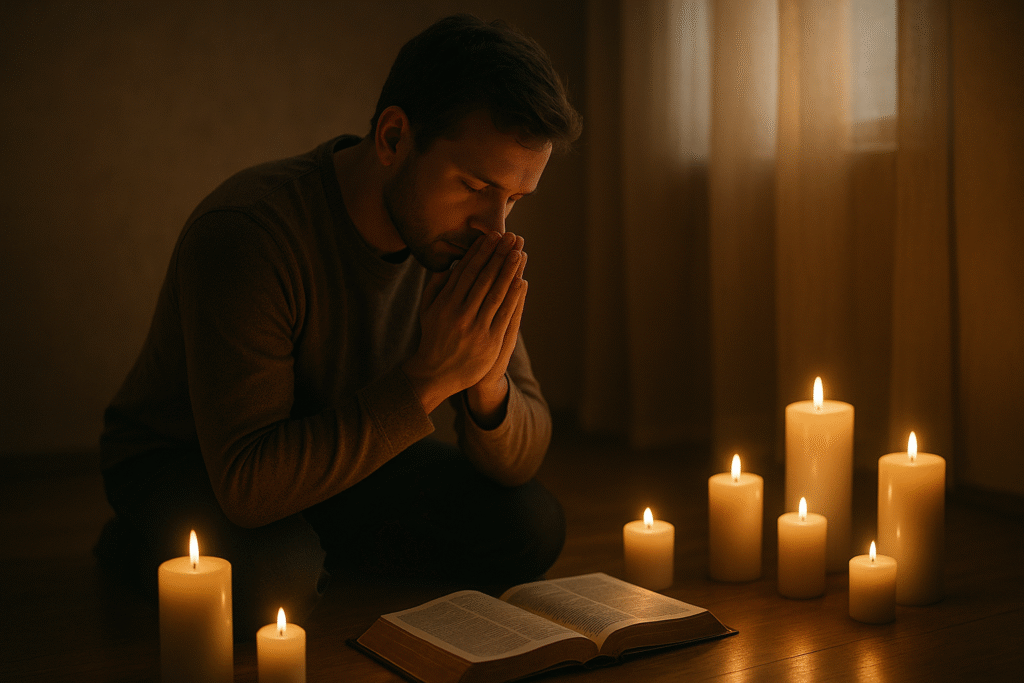 Pessoa orando em um ambiente tranquilo, buscando a presença do Espírito Santo