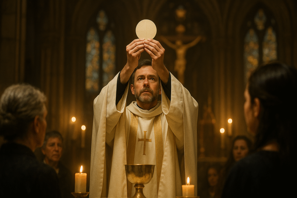  Sacerdote administrando a Eucaristia, uma prática essencial para viver os frutos do Espírito Santo.