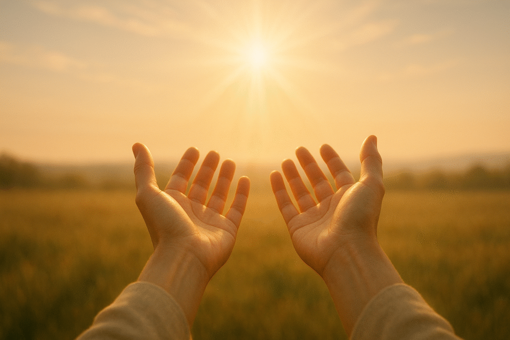 Mãos abertas recebendo a luz divina, símbolo da ação transformadora do Espírito Santo.