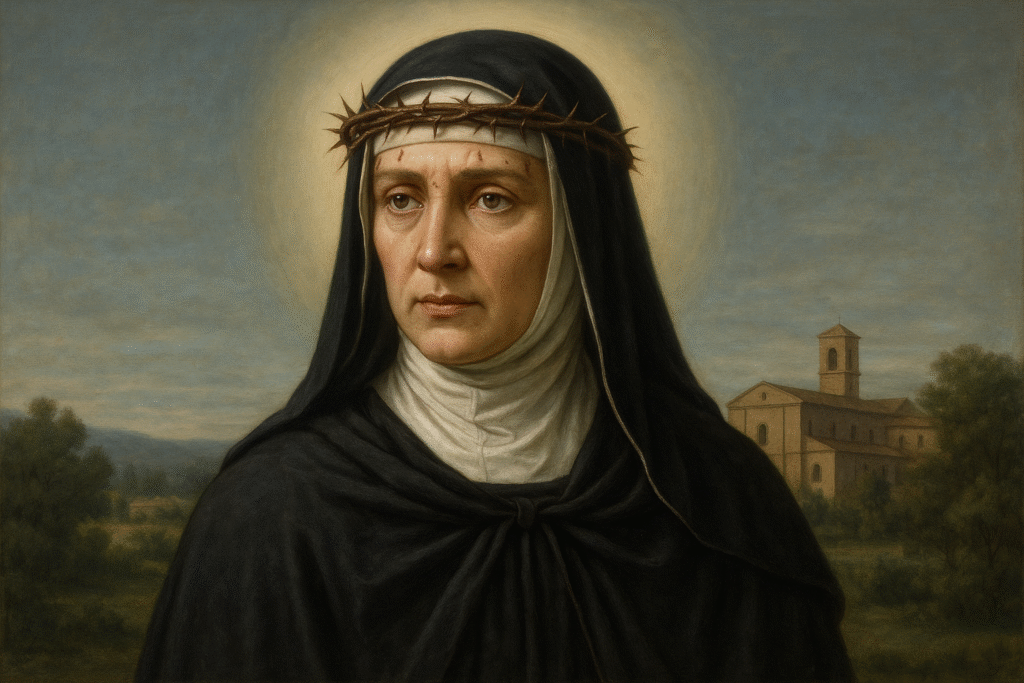 "Retrato de Santa Rita de Cássia com coroa de espinhos e aura de luz, em um convento tranquilo, transmitindo serenidade e fé."