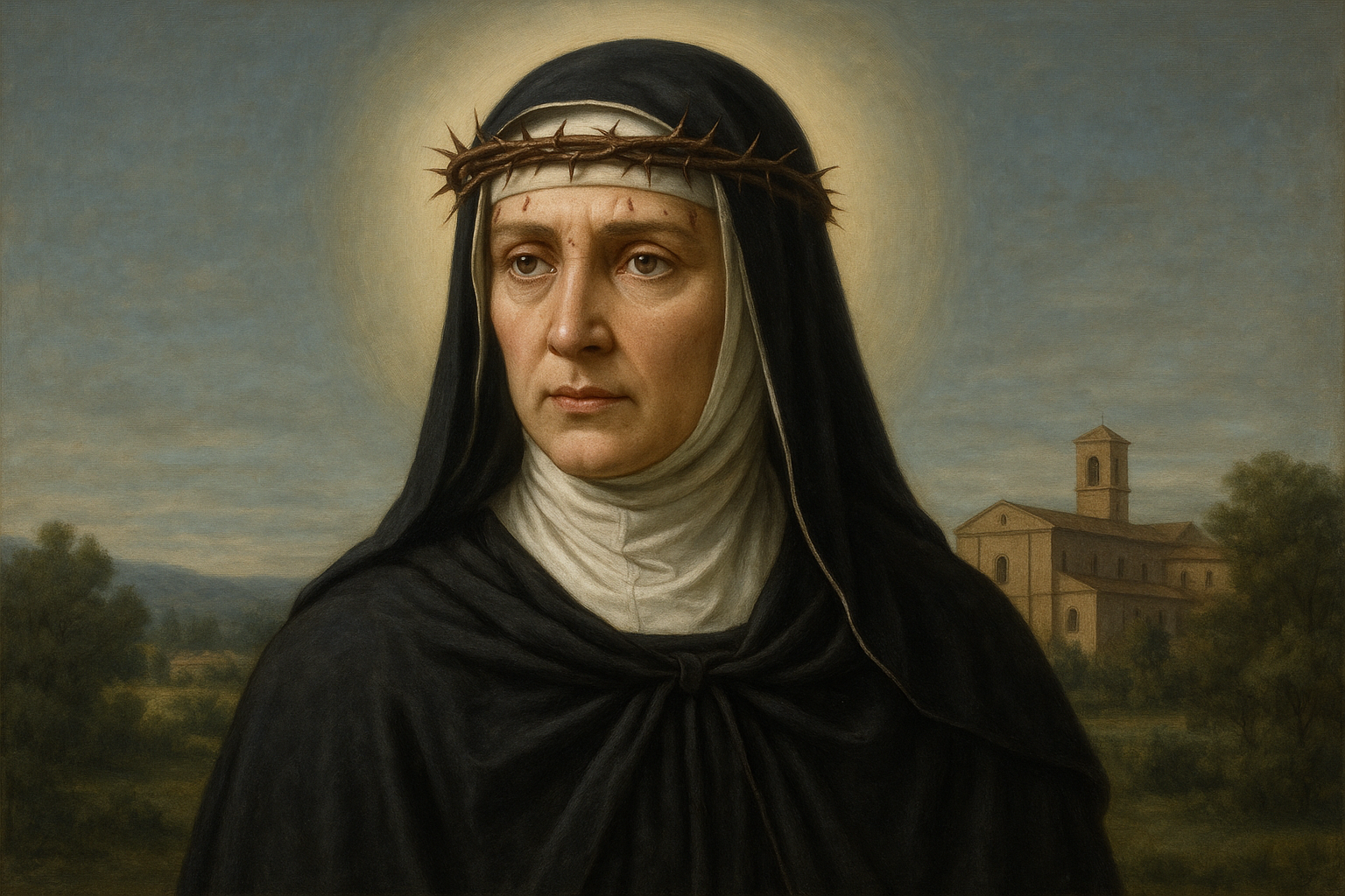 "Retrato de Santa Rita de Cássia com coroa de espinhos e aura de luz, em um convento tranquilo, transmitindo serenidade e fé."