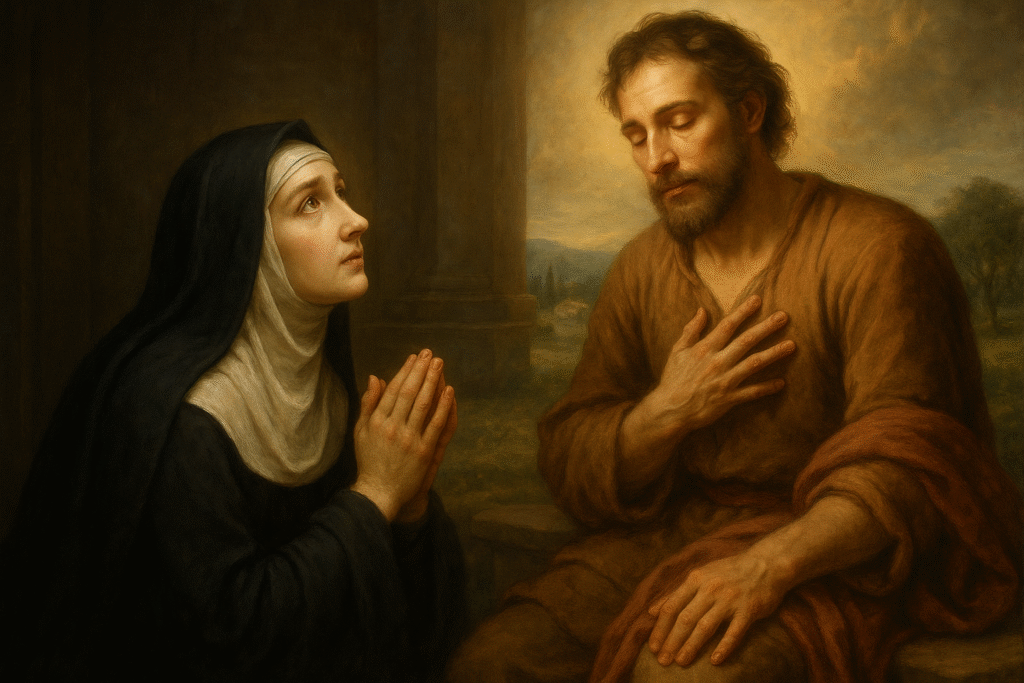 "Milagre da conversão de marido de Santa Rita de Cássia, com luz divina iluminando seu rosto em arrependimento."