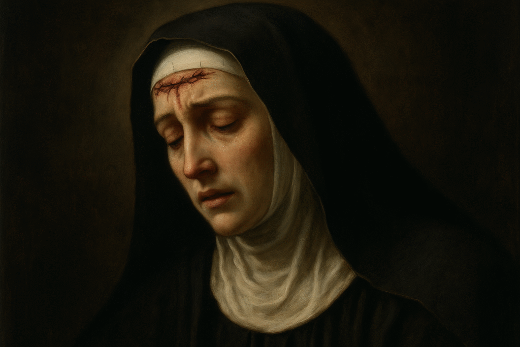 Santa Rita de Cássia com estigmatização na testa, simbolizando sua união com o sofrimento de Cristo