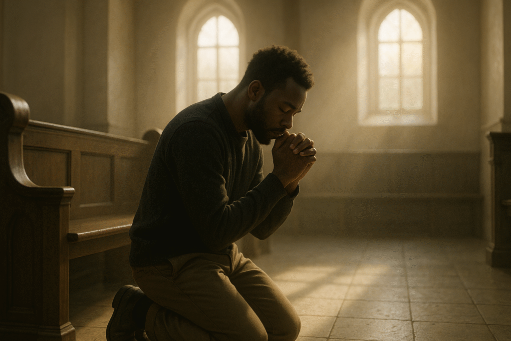 Pessoa orando no Espírito, em ambiente de tranquilidade e conexão com Deus.
