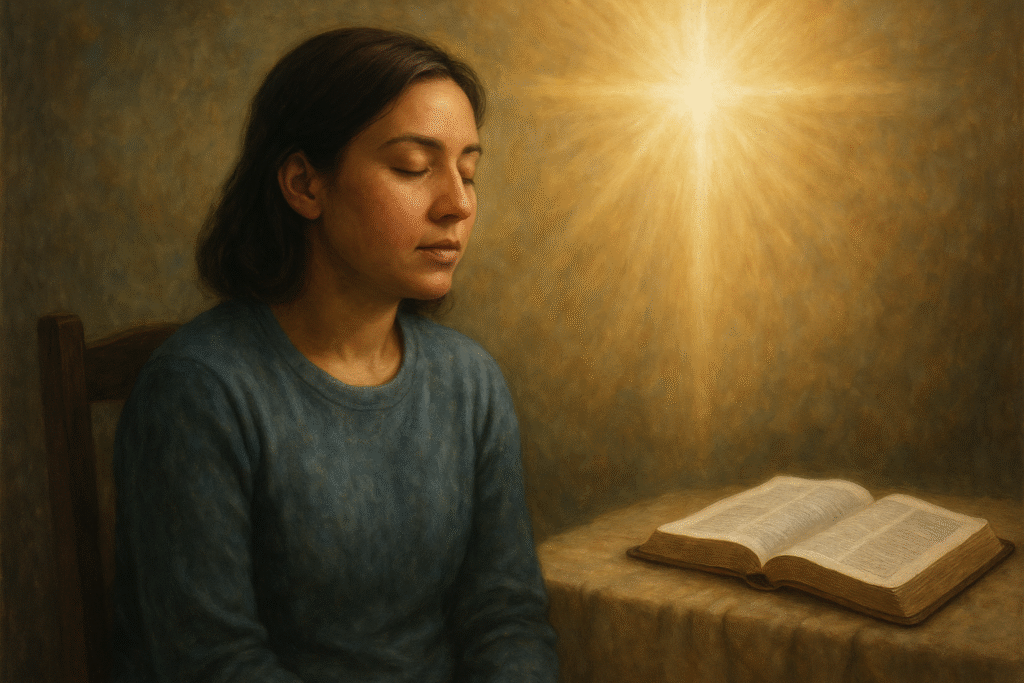 Pessoa em escuta espiritual, ouvindo a voz de Deus através da oração no Espírito.