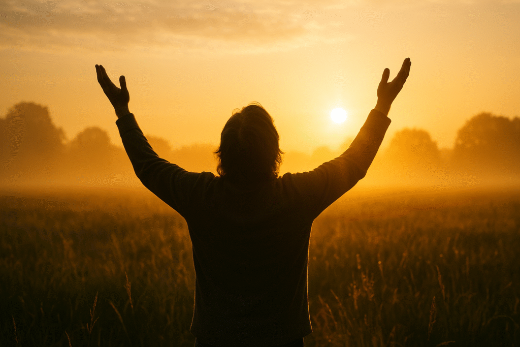 Pessoa recebendo a luz de Deus, simbolizando a renovação espiritual através da oração no Espírito.