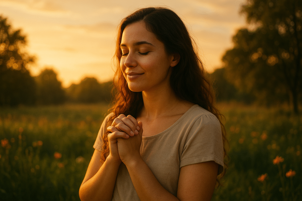 Mulher orando ao entardecer, irradiando paz e alegria no Espírito Santo