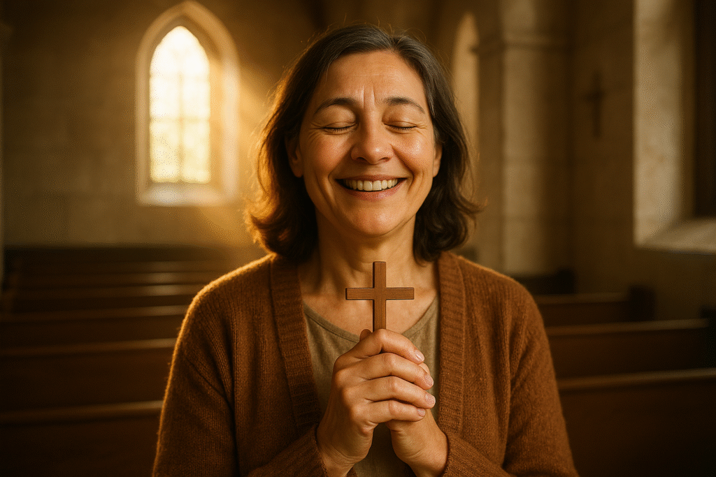 Pessoa sorrindo com alegria em Cristo em uma igreja iluminada.