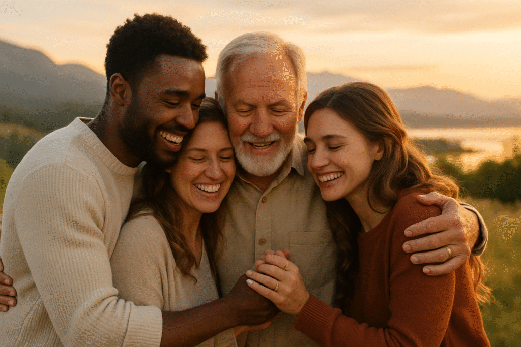 Grupo de pessoas sorrindo e compartilhando alegria em Cristo ao ar livre
