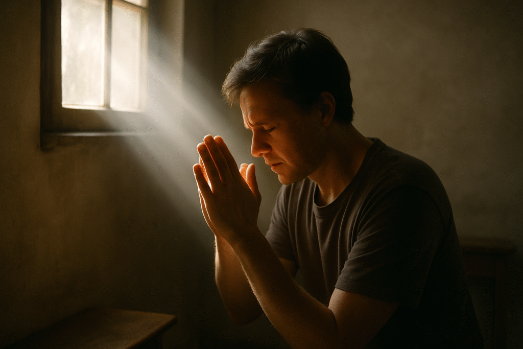 Pessoa em oração por cura com luz divina iluminando suas mãos, em um ambiente tranquilo e acolhedor.