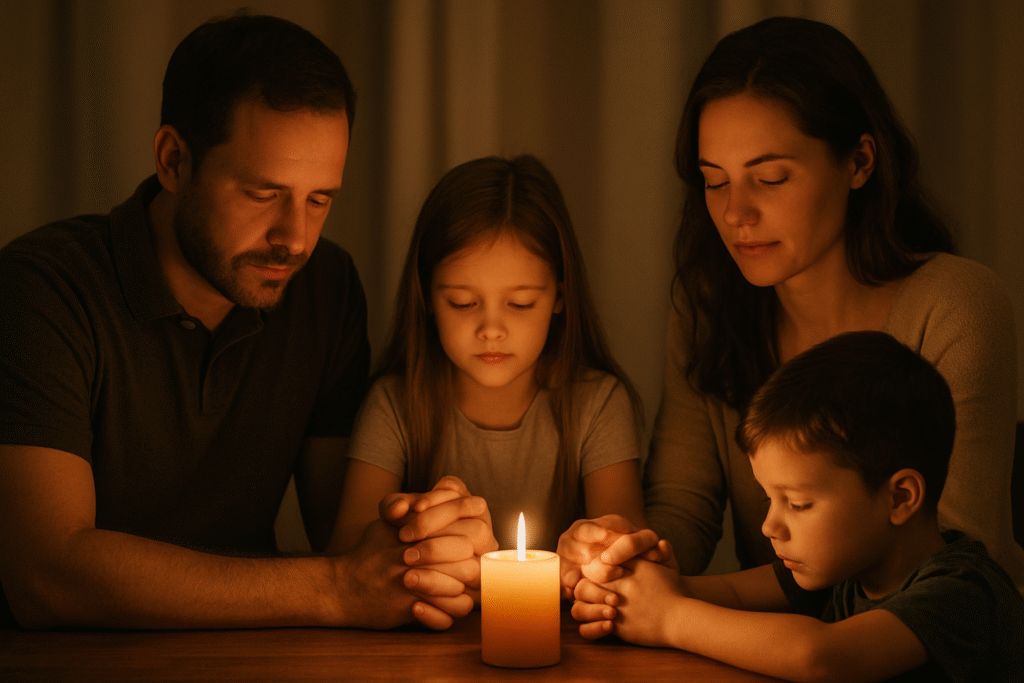 Família unida em oração por cura divina, com luz suave de vela criando uma atmosfera acolhedora e espiritual.