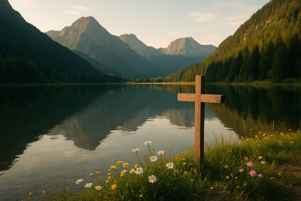 Paisagem serena com cruz e elementos naturais, simbolizando a oração por cura divina em harmonia com a criação.