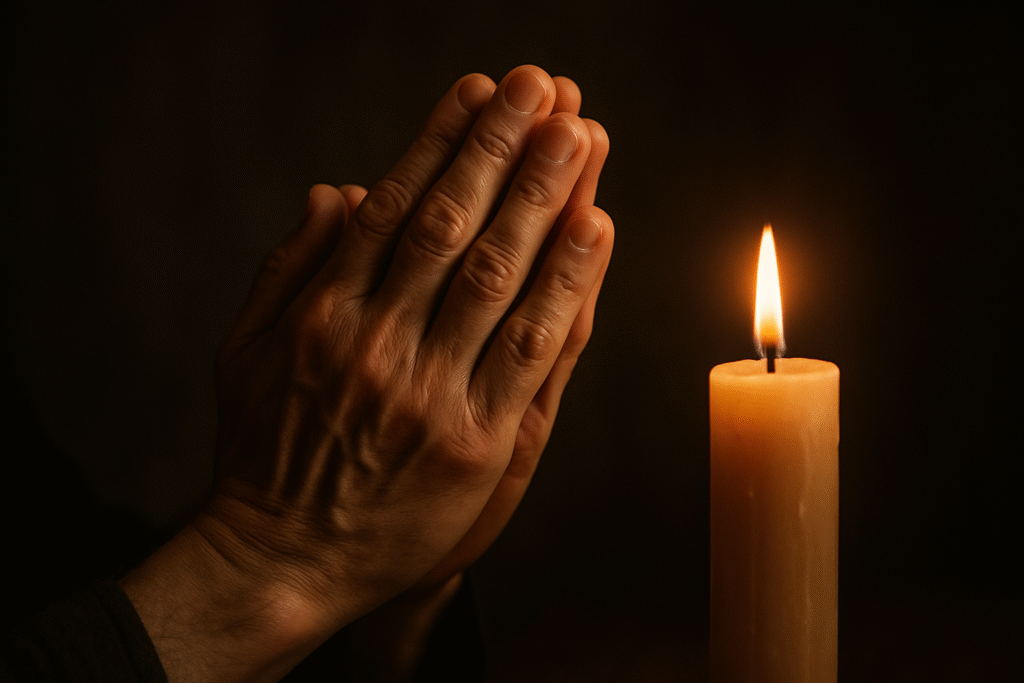Mãos em oração por cura, iluminadas por luz suave de vela, transmitindo um momento de profunda espiritualidade e fé.