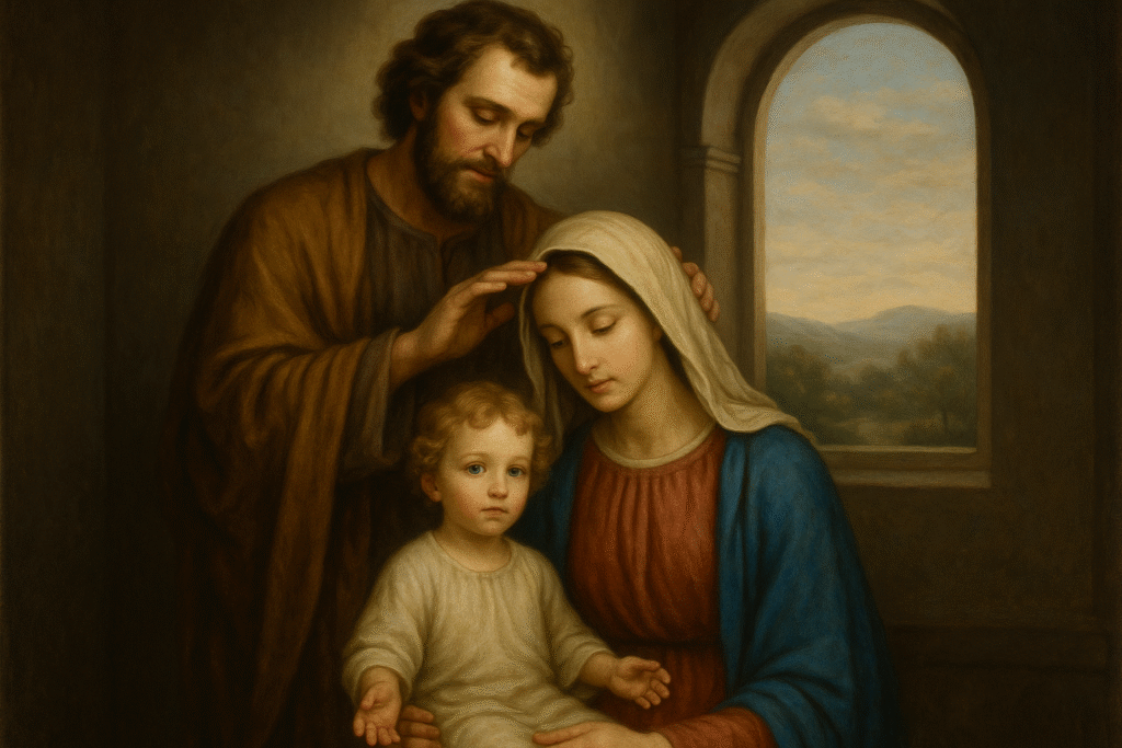 São José protegendo Maria e Jesus, simbolizando a devoção e a paternidade.