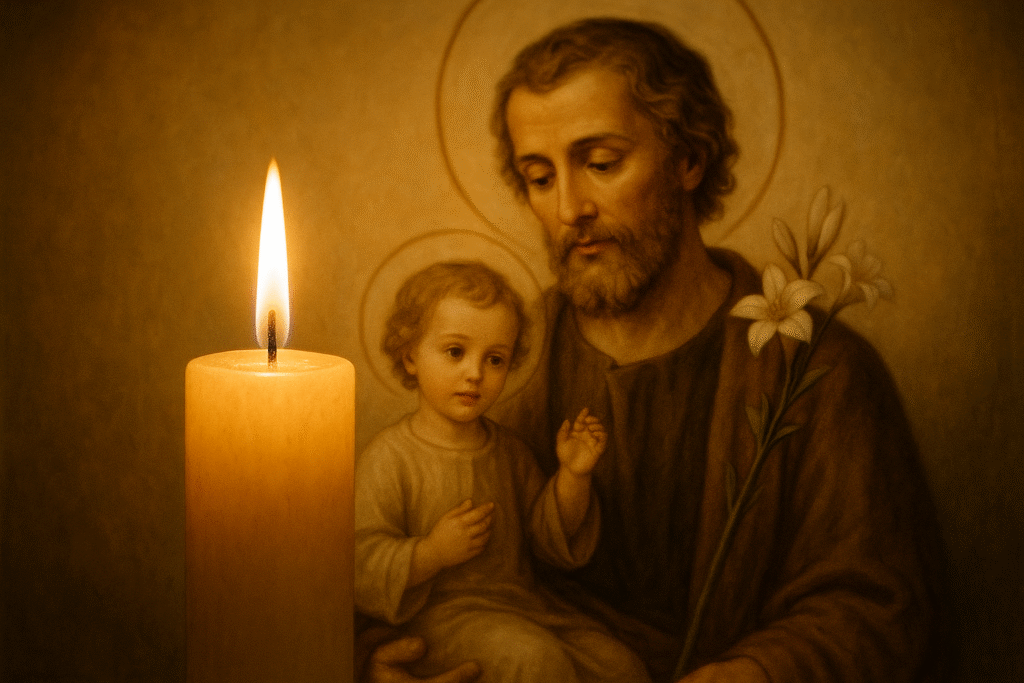 Vela acesa diante de imagem de São José, simbolizando luz e devoção.