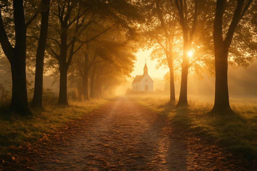 Caminho tranquilo ao amanhecer, simbolizando a jornada espiritual no Espírito Santo.