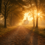 Caminho tranquilo ao amanhecer, simbolizando a jornada espiritual no Espírito Santo.