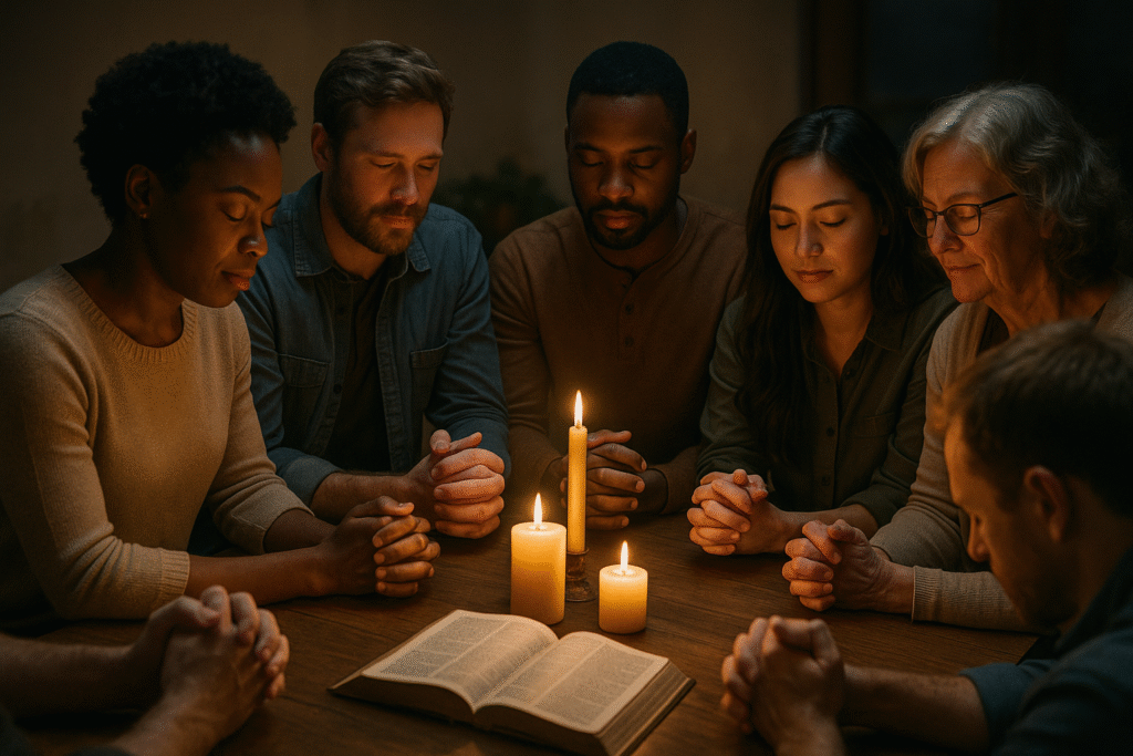 Pessoas em oração comunitária, vivendo no Espírito Santo com apoio e fé.