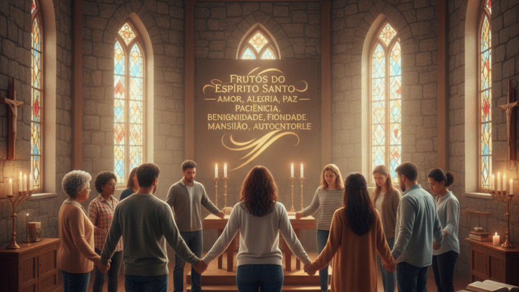 Grupo de cristãos orando juntos, vivendo os frutos do Espírito Santo em comunidade.