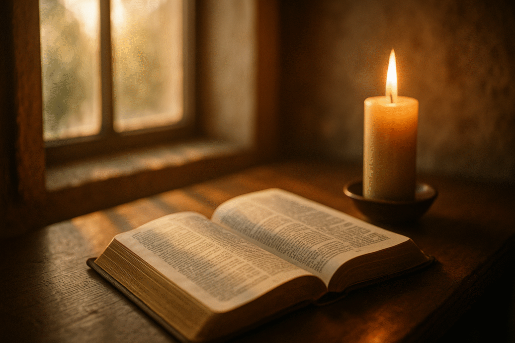 Bíblia aberta com vela acesa, transmitindo fé e espiritualidade.