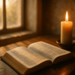 Bíblia aberta com vela acesa, transmitindo fé e espiritualidade.
