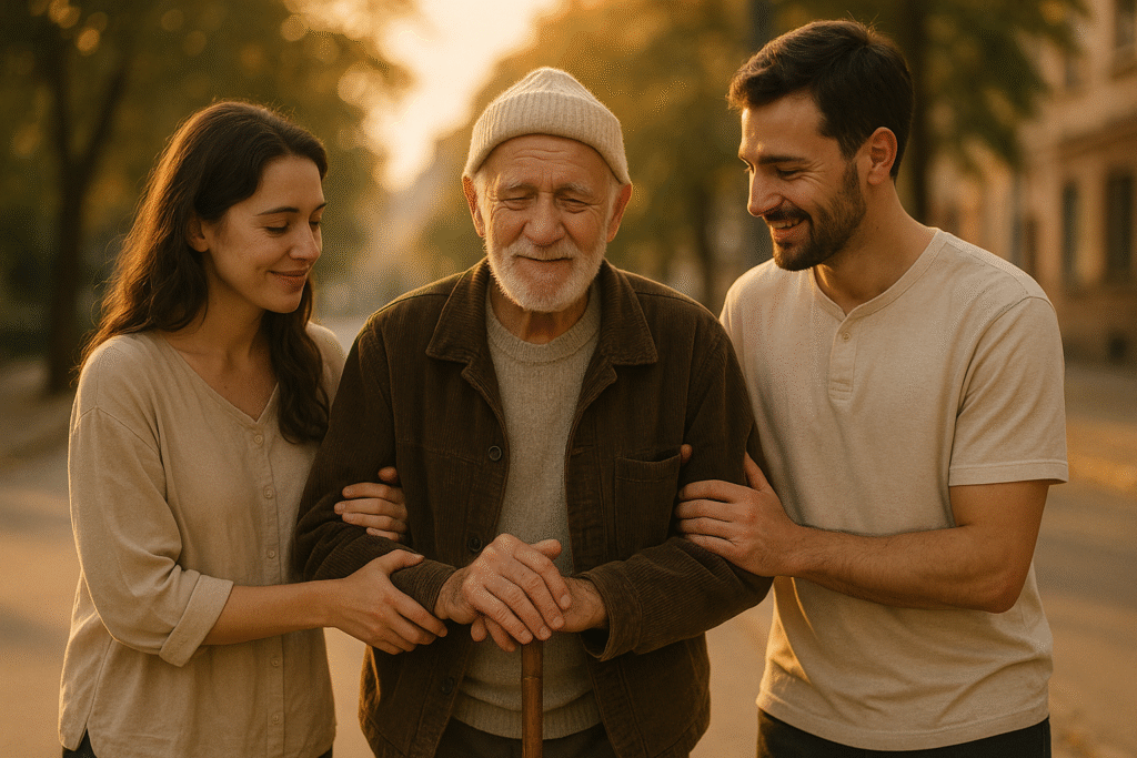 Homem e mulher ajudando um idoso com ternura, simbolizando a caridade cristã no cotidiano.