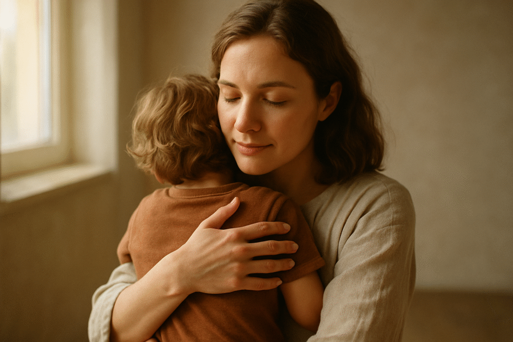 Mulher abraçando uma criança em gesto de amor cristão, representando a caridade cristã e o mandamento de amar o próximo.