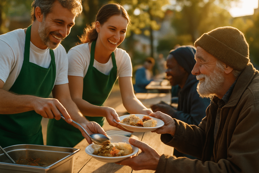 Voluntários servindo comida a pessoas necessitadas com alegria e compaixão, demonstrando a prática da caridade cristã.