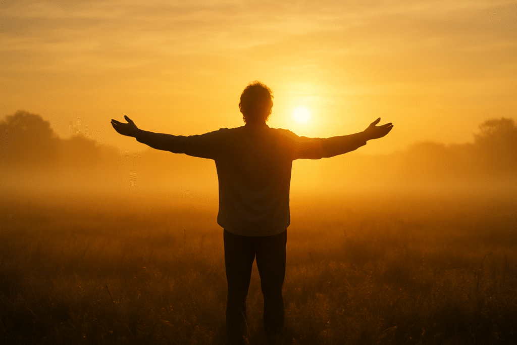 Pessoa orando de braços abertos ao amanhecer, simbolizando a fé, a esperança e a caridade cristã.