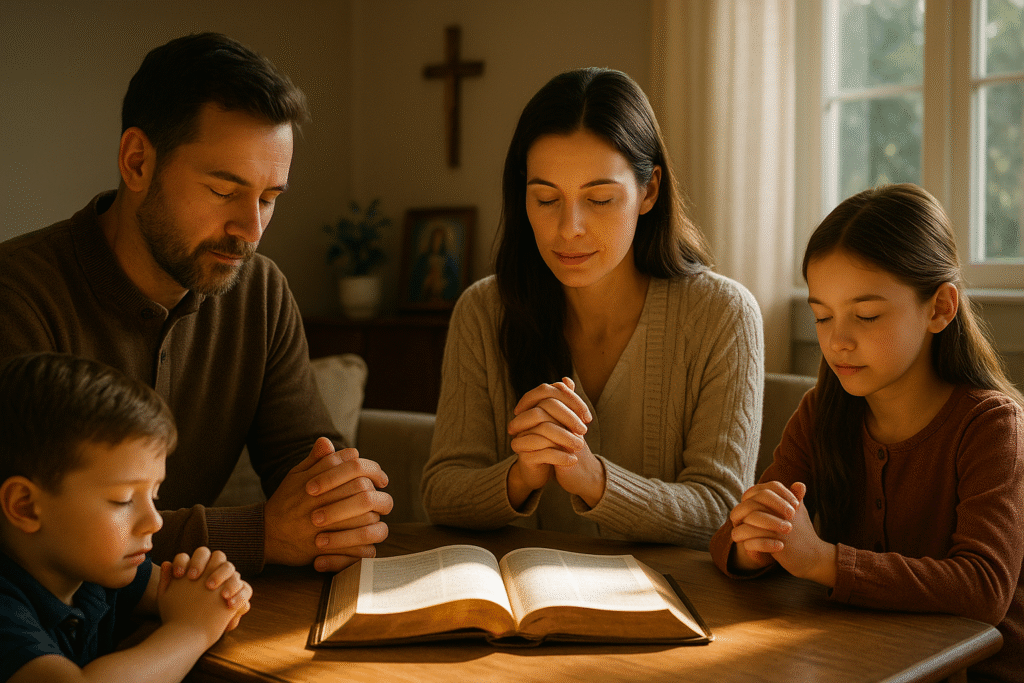 Família católica em oração reunida ao redor da Bíblia, simbolizando fé e união em uma poderosa oração pela família.