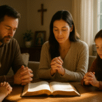 Família católica em oração reunida ao redor da Bíblia, simbolizando fé e união em uma poderosa oração pela família.