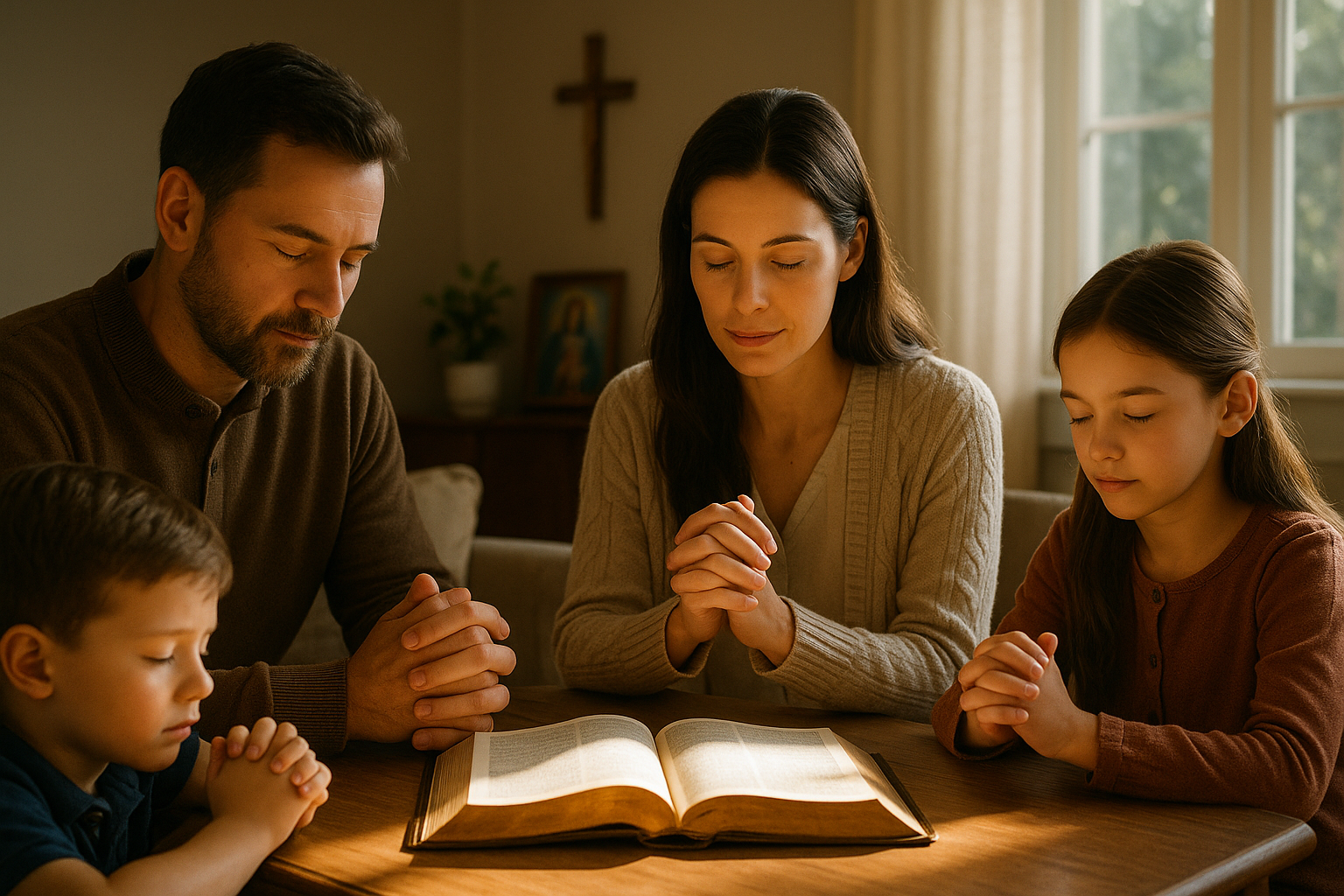 Família católica em oração reunida ao redor da Bíblia, simbolizando fé e união em uma poderosa oração pela família.