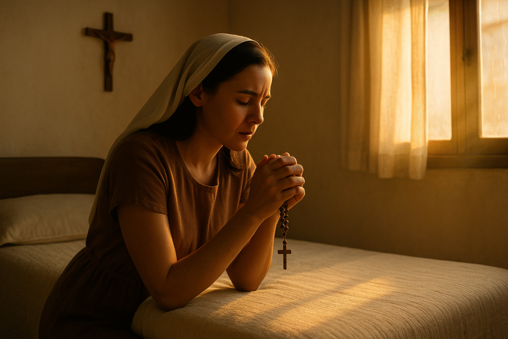 Mulher ajoelhada com rosário em oração pela família, buscando proteção espiritual e força em Deus.