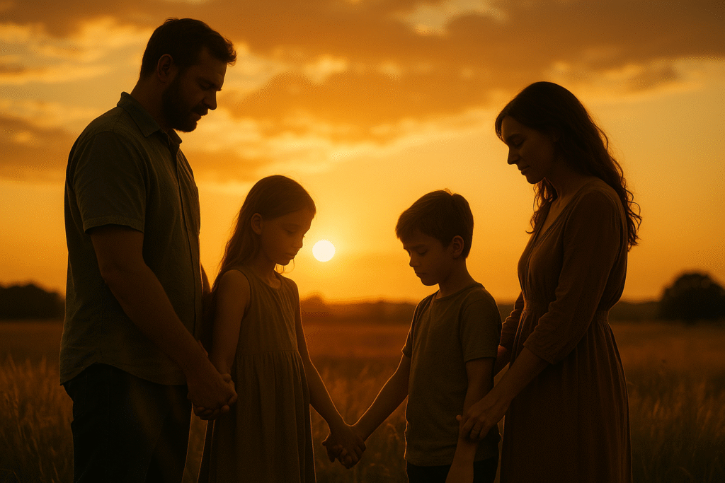 Família unida orando ao pôr do sol, simbolizando paz, fé e a força da oração pela família.