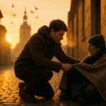 São Martinho de Tours: gesto de caridade ao cobrir um pobre com o manto ao amanhecer.