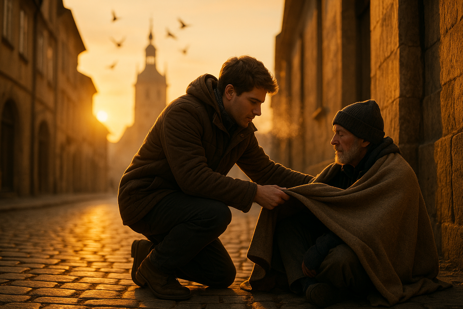 São Martinho de Tours: gesto de caridade ao cobrir um pobre com o manto ao amanhecer.