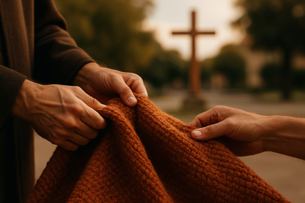 Mãos dividindo um manto de lã diante de uma cruz, sinal de caridade cristã.