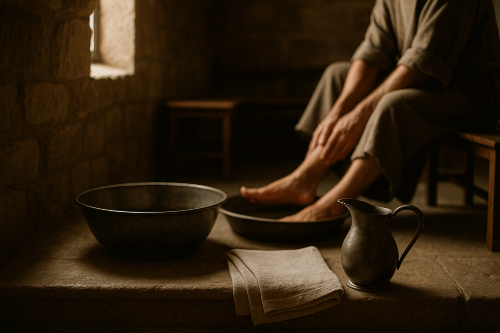 São Martinho de Tours e a humildade representados no gesto de lavar os pés em capela antiga.