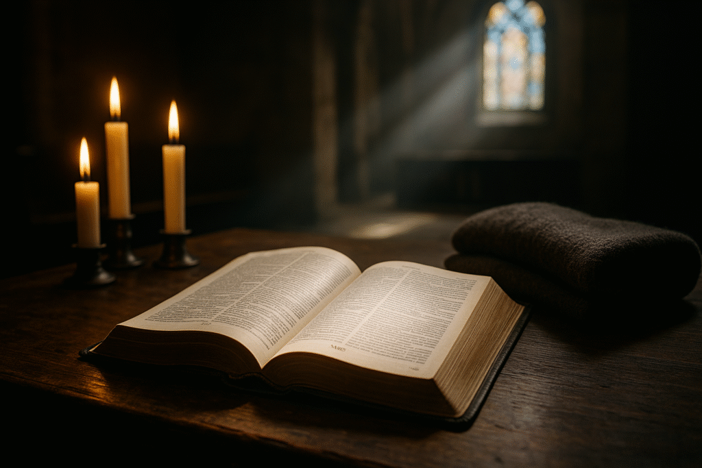 Bíblia aberta em Mt 25 com metade de um manto e velas, convite à missão cristã.