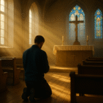 Homem orando na capela, iluminado pela luz suave do amanhecer, simbolizando a conexão com o Espírito Santo.
