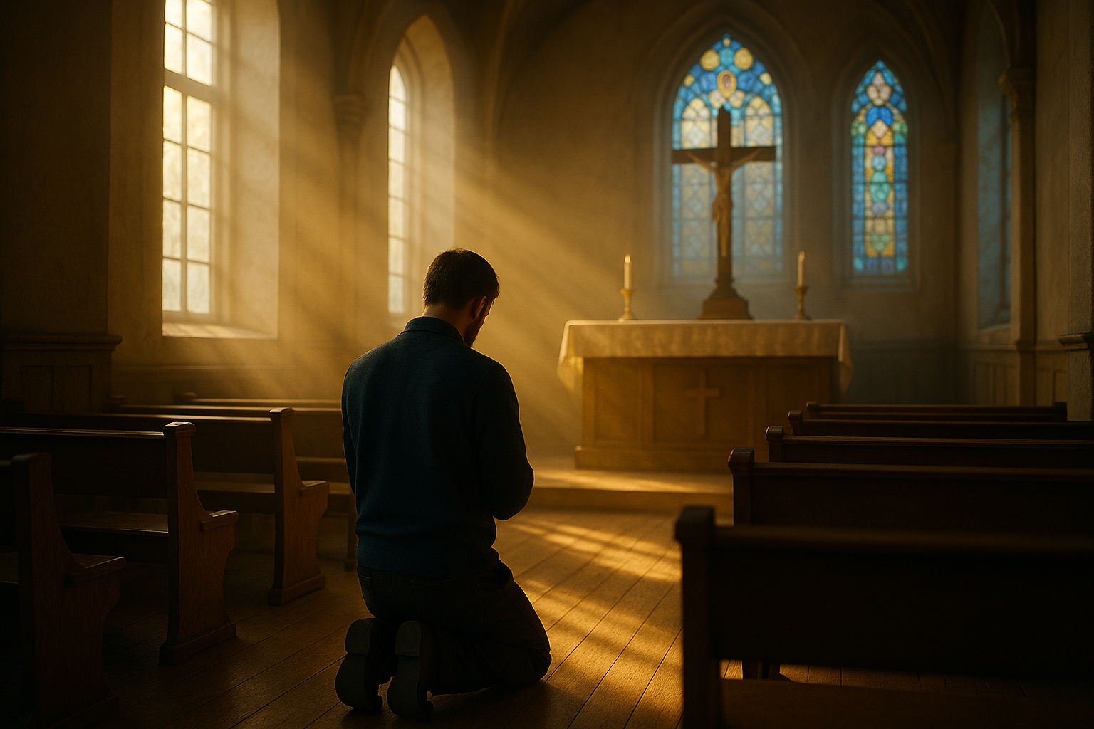 Homem orando na capela, iluminado pela luz suave do amanhecer, simbolizando a conexão com o Espírito Santo.