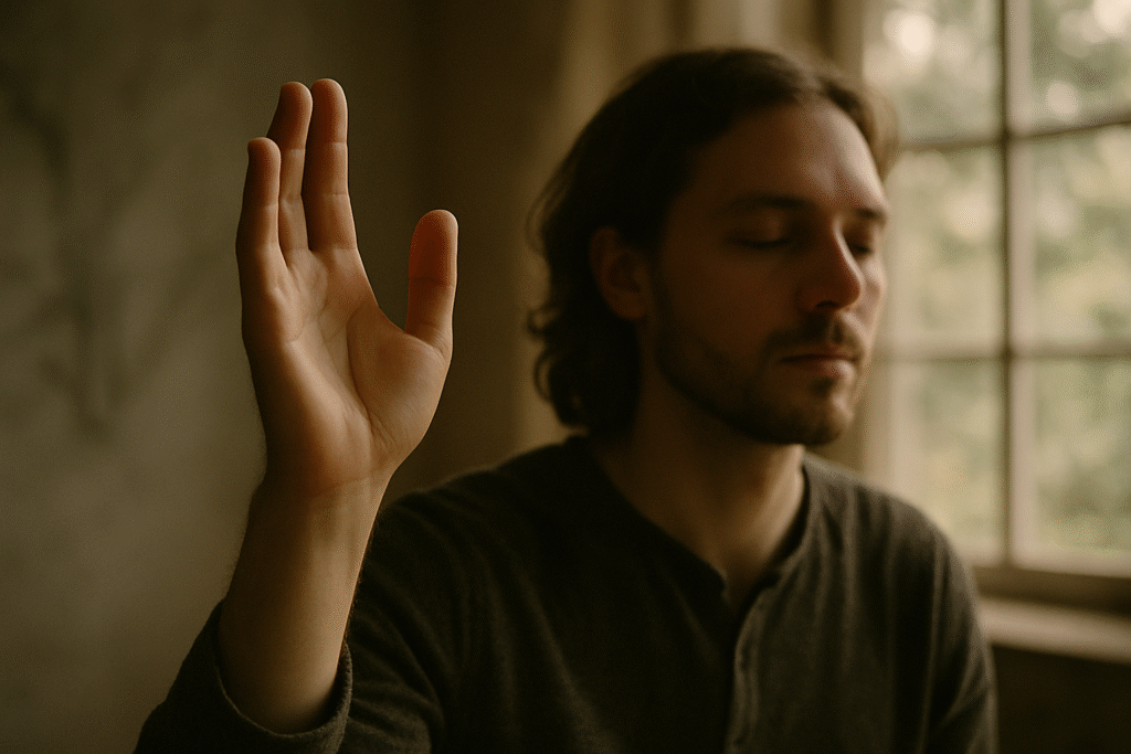 Pessoa orando e abrindo-se ao Espírito Santo, simbolizando a ativação dos dons espirituais.