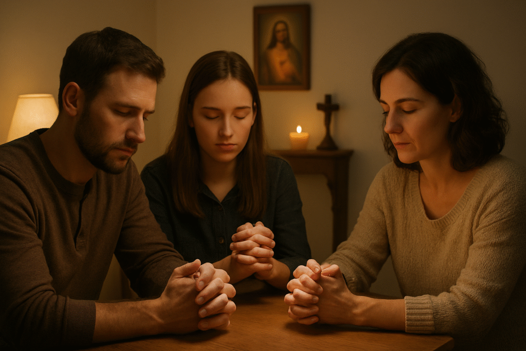Família em oração, mãos entrelaçadas, vivendo os dons do Espírito Santo na união familiar.